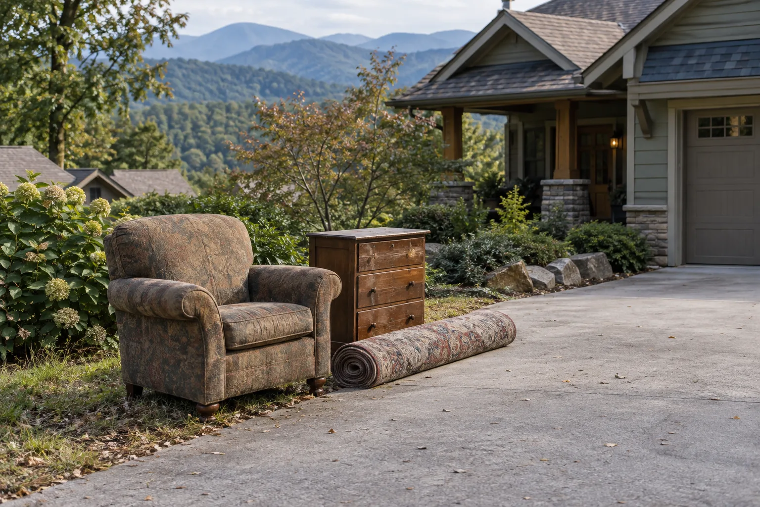 Illustrative armchair, small dresser, and rolled rug staged safely beside a residential driveway