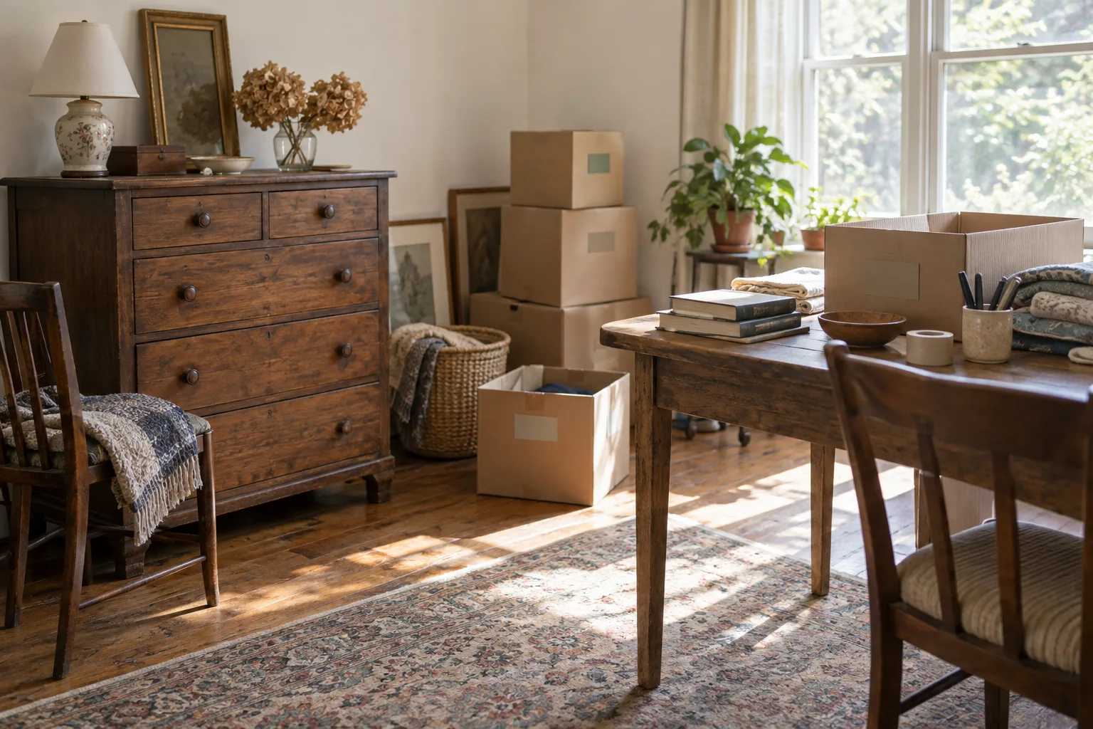 Illustrative sunlit estate cleanout planning room with vintage furniture, blank boxes, and a sorting table